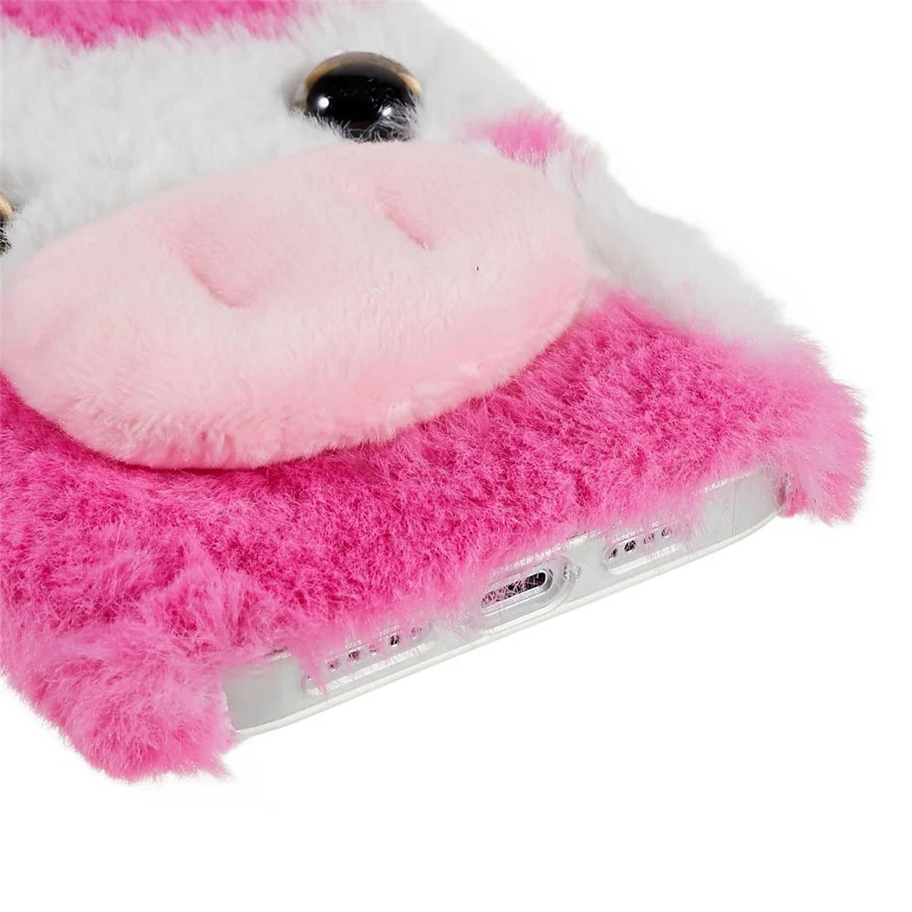 For iPhone 15 Fluffy Milk Cow Ear Case Winter Warm Soft TPU Phone Cover - Rose - 4