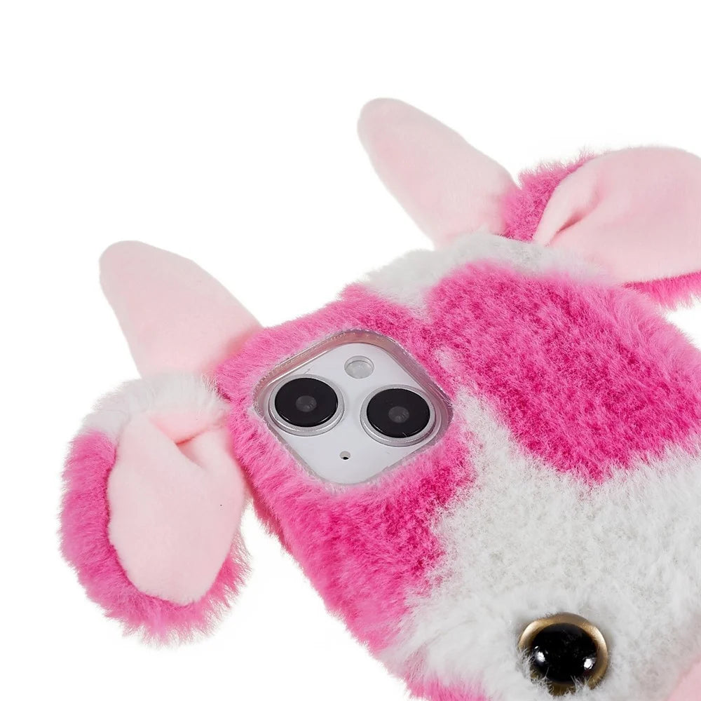 For iPhone 15 Fluffy Milk Cow Ear Case Winter Warm Soft TPU Phone Cover - Rose - 5