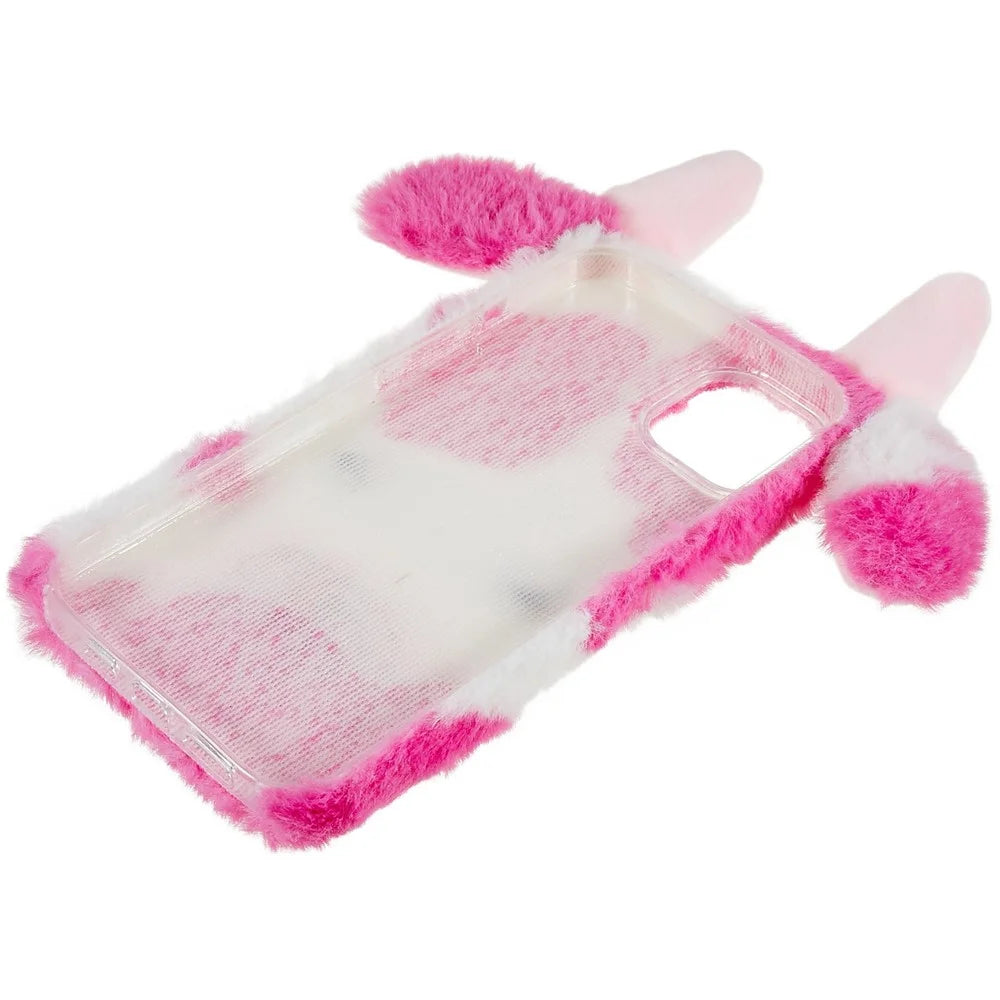 For iPhone 15 Fluffy Milk Cow Ear Case Winter Warm Soft TPU Phone Cover - Rose - 6
