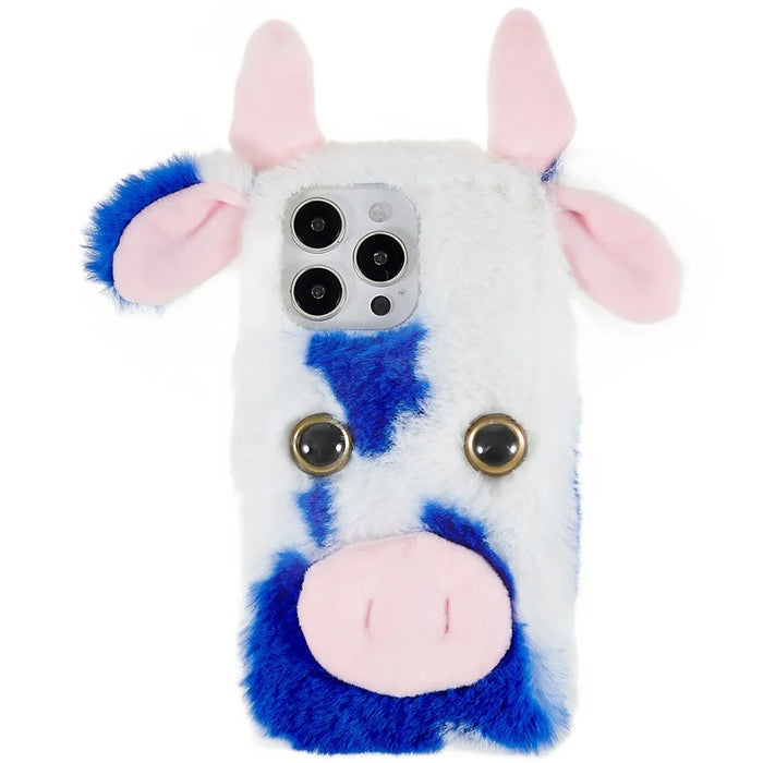 For iPhone 15 Pro Max Plush Phone Case Milk Cow Ear Soft TPU Winter Warm Cover - Blue - 1
