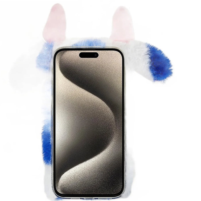 For iPhone 15 Pro Max Plush Phone Case Milk Cow Ear Soft TPU Winter Warm Cover - Blue - 2