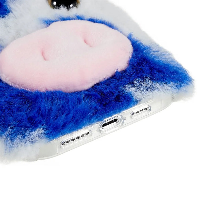 For iPhone 15 Pro Max Plush Phone Case Milk Cow Ear Soft TPU Winter Warm Cover - Blue - 4
