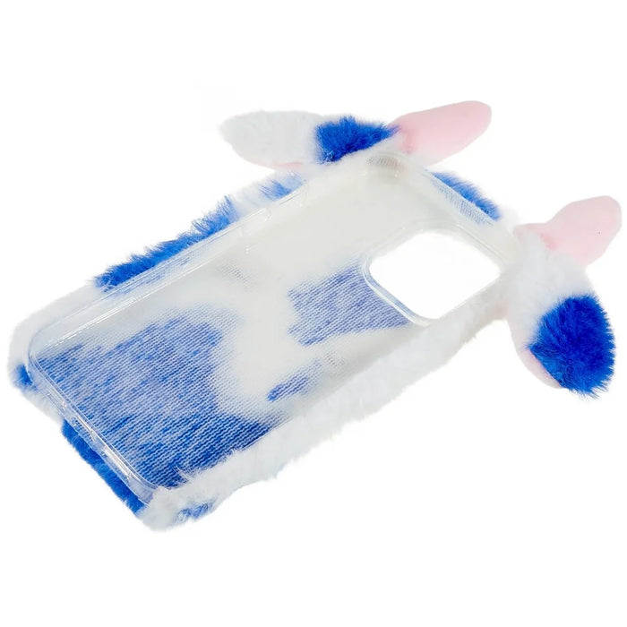 For iPhone 15 Pro Max Plush Phone Case Milk Cow Ear Soft TPU Winter Warm Cover - Blue - 6