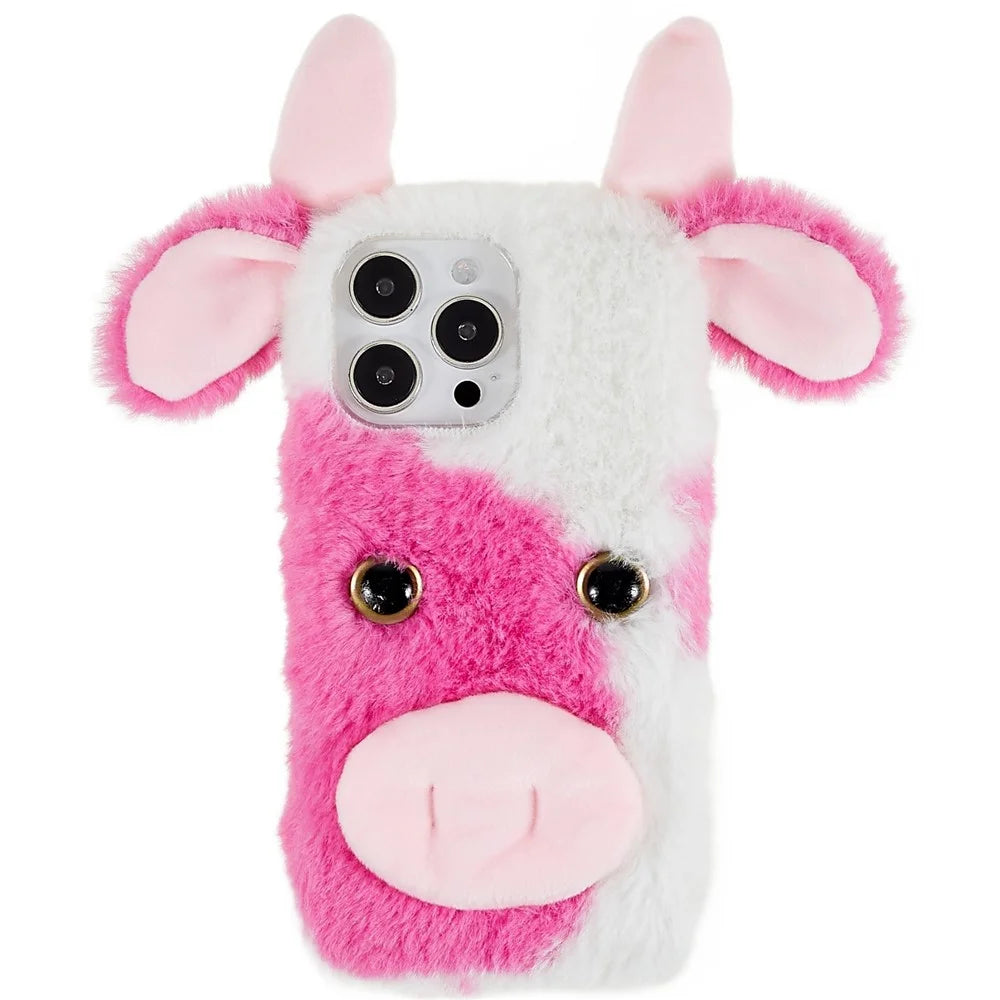 For iPhone 15 Pro Furry Plush Case Milk Cow Ear Style TPU Soft Phone Shell - Rose - 1