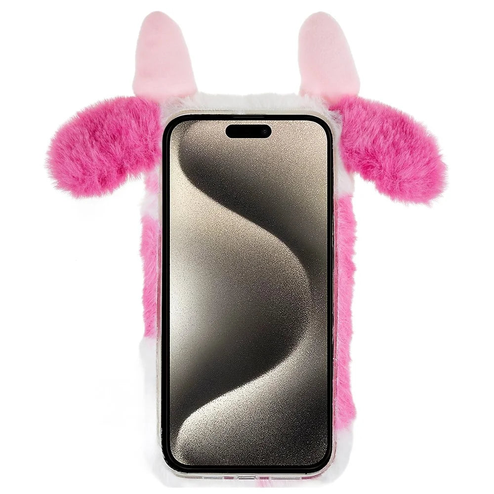 For iPhone 15 Pro Furry Plush Case Milk Cow Ear Style TPU Soft Phone Shell - Rose - 2