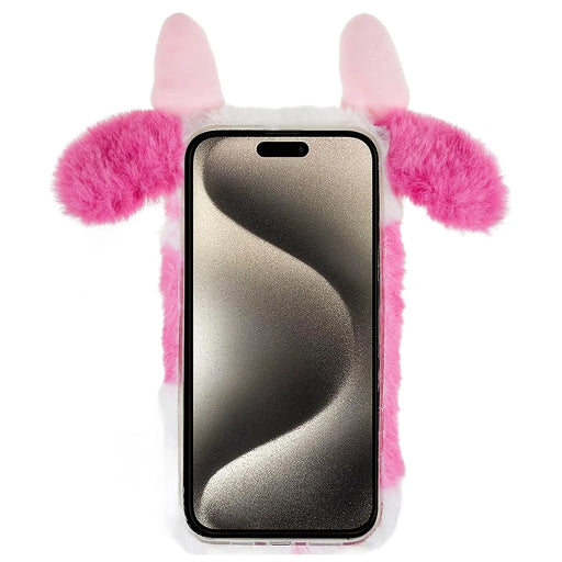 For iPhone 15 Pro Furry Plush Case Milk Cow Ear Style TPU Soft Phone Shell - Rose - 2