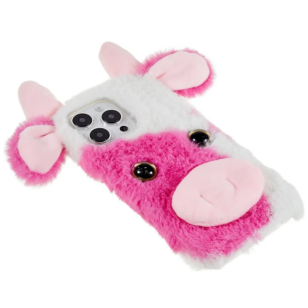 For iPhone 15 Pro Furry Plush Case Milk Cow Ear Style TPU Soft Phone Shell - Rose - 3