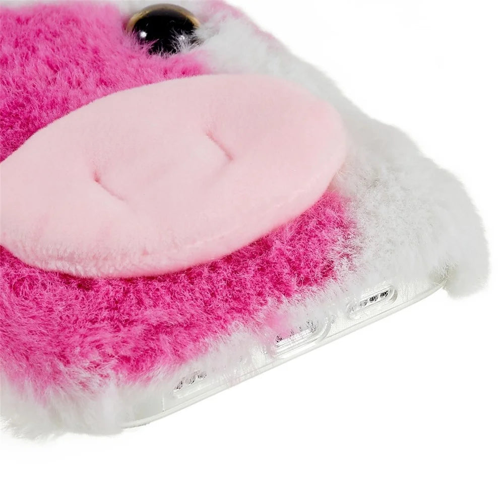 For iPhone 15 Pro Furry Plush Case Milk Cow Ear Style TPU Soft Phone Shell - Rose - 4