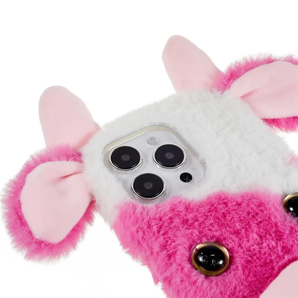 For iPhone 15 Pro Furry Plush Case Milk Cow Ear Style TPU Soft Phone Shell - Rose - 5