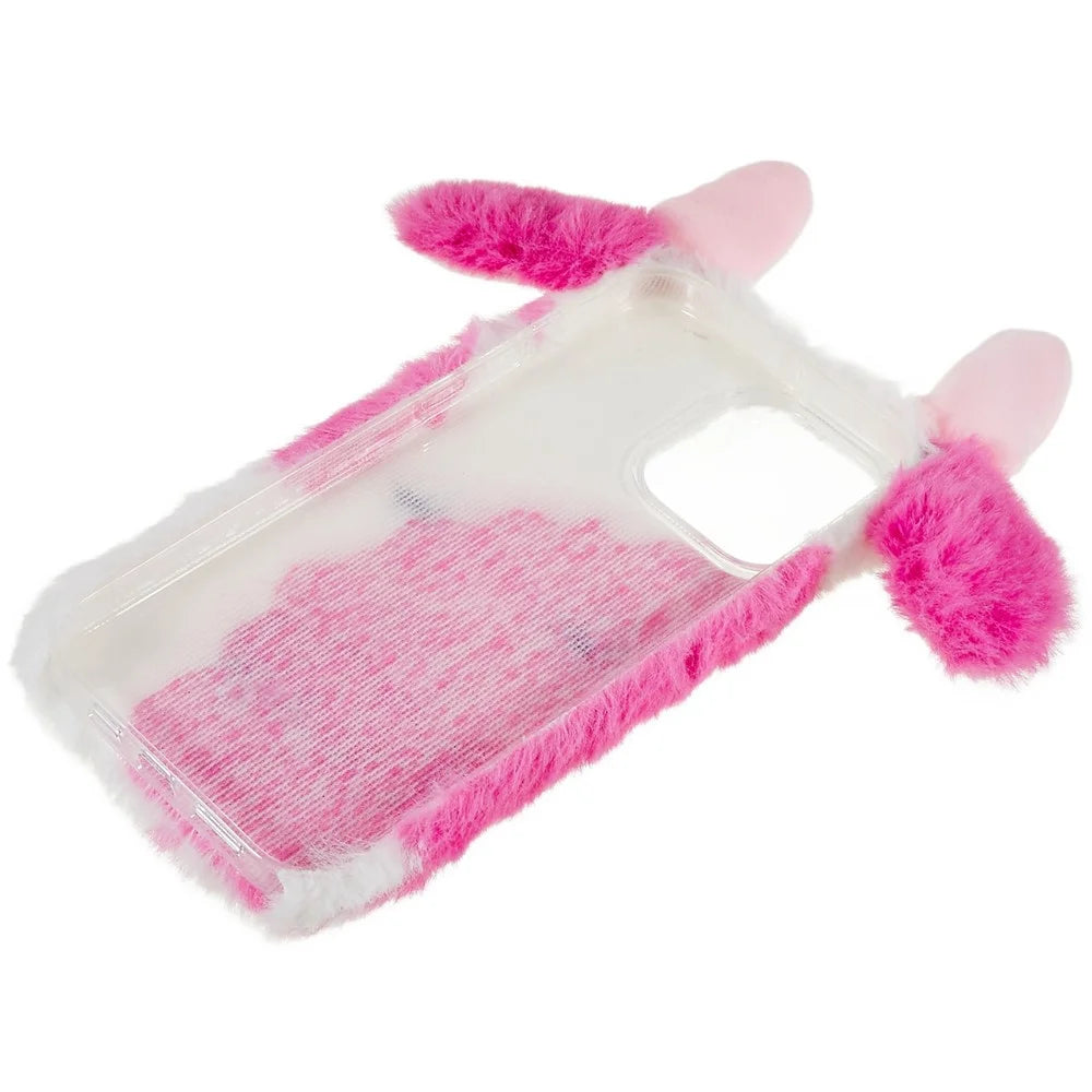 For iPhone 15 Pro Furry Plush Case Milk Cow Ear Style TPU Soft Phone Shell - Rose - 6