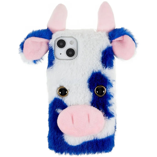 For iPhone 15 Plus TPU Case Fluffy Fuzzy Milk Cow Ear Plush Phone Cover - Blue - 1