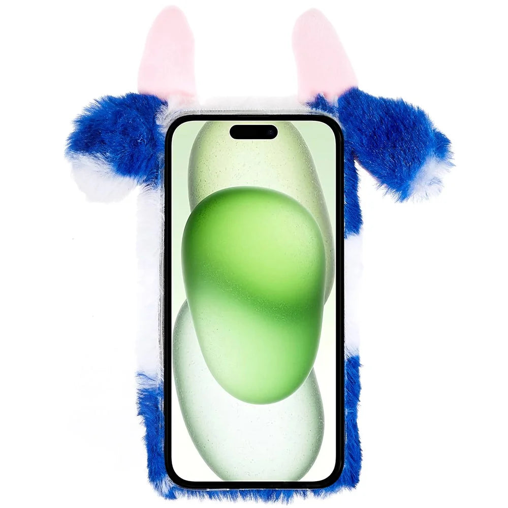 For iPhone 15 Plus TPU Case Fluffy Fuzzy Milk Cow Ear Plush Phone Cover - Blue - 2