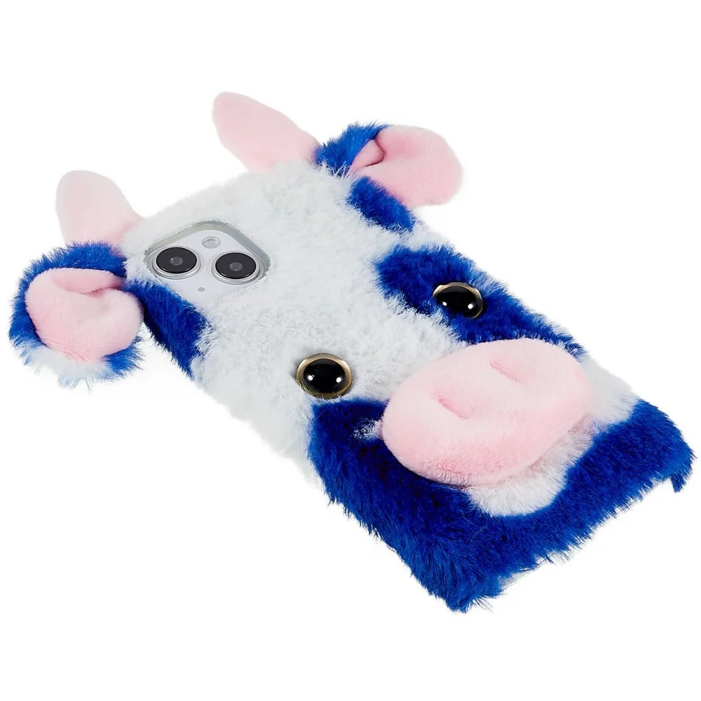 For iPhone 15 Plus TPU Case Fluffy Fuzzy Milk Cow Ear Plush Phone Cover - Blue - 3