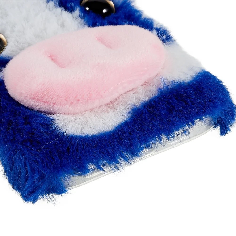 For iPhone 15 Plus TPU Case Fluffy Fuzzy Milk Cow Ear Plush Phone Cover - Blue - 4