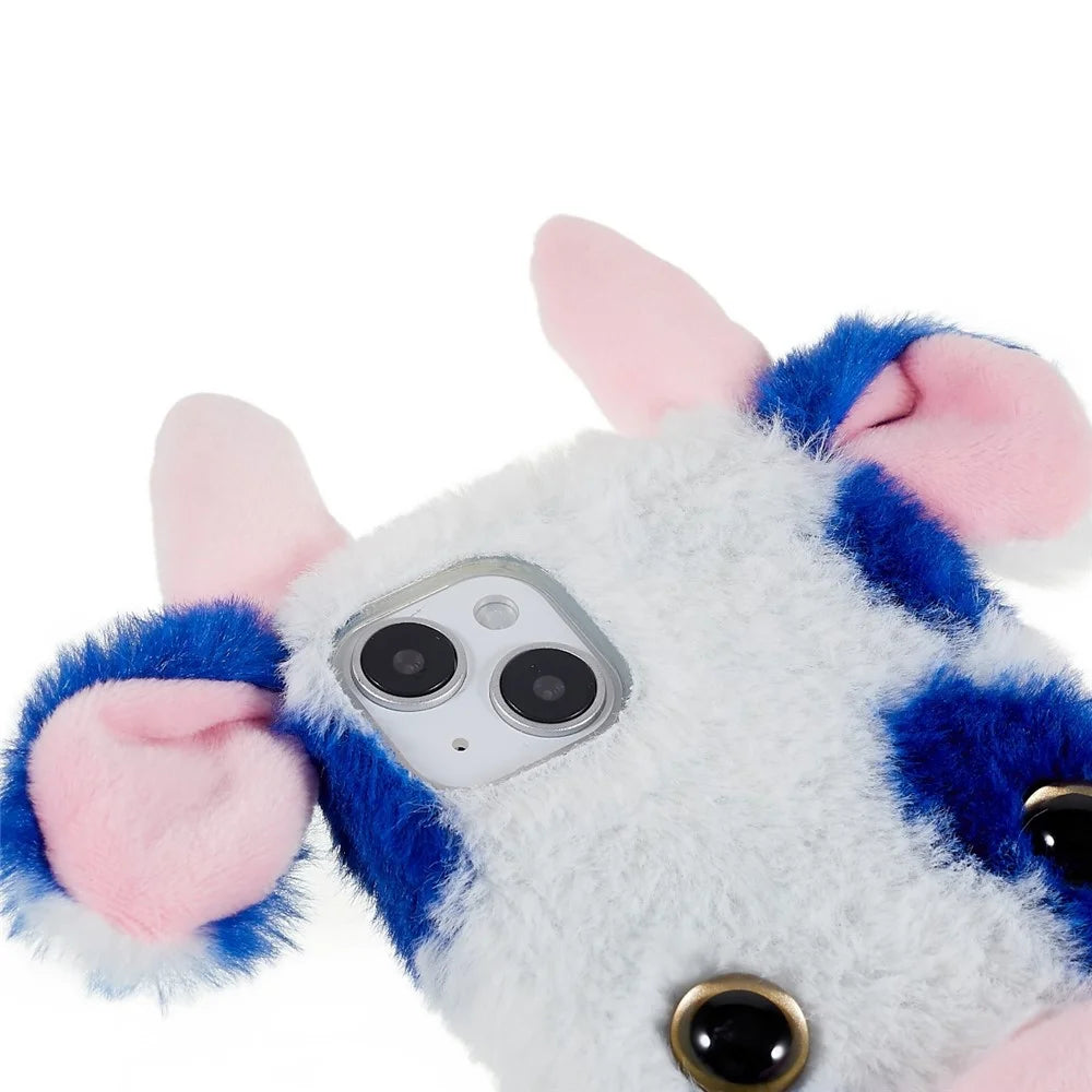 For iPhone 15 Plus TPU Case Fluffy Fuzzy Milk Cow Ear Plush Phone Cover - Blue - 5