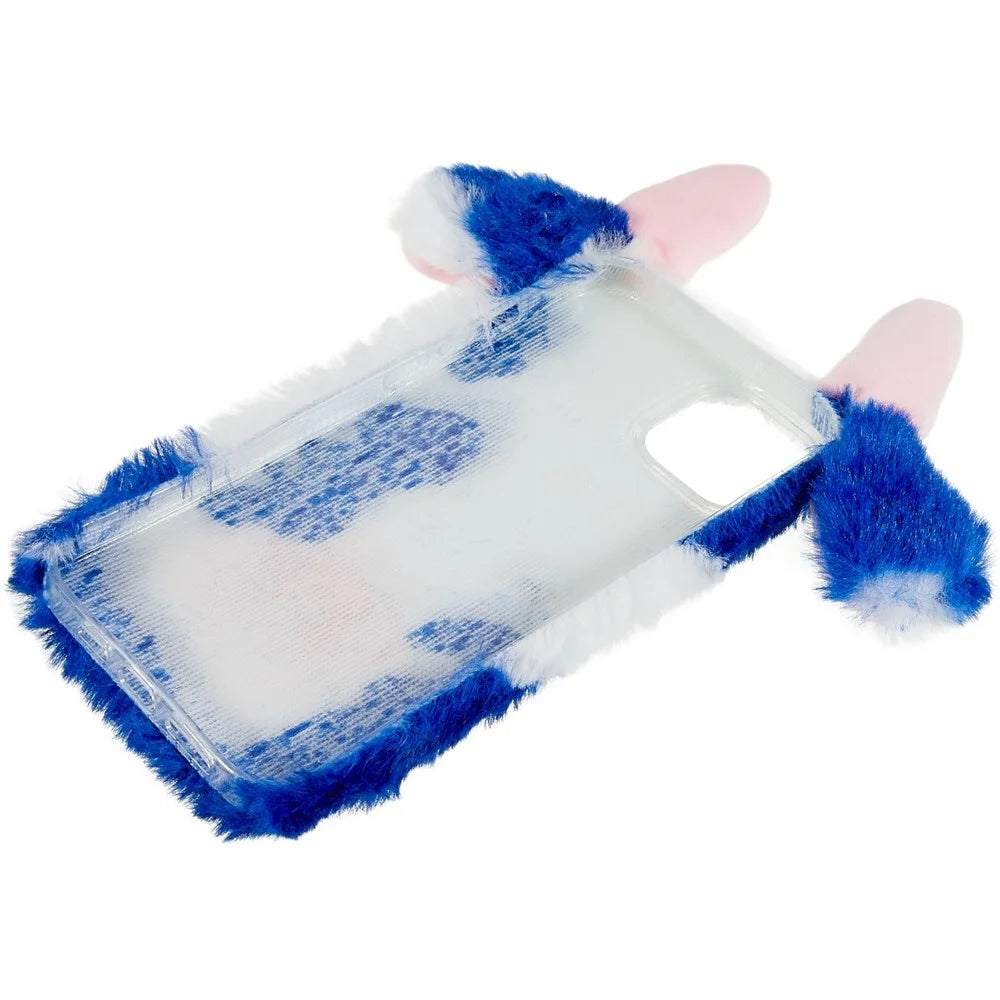 For iPhone 15 Plus TPU Case Fluffy Fuzzy Milk Cow Ear Plush Phone Cover - Blue - 6