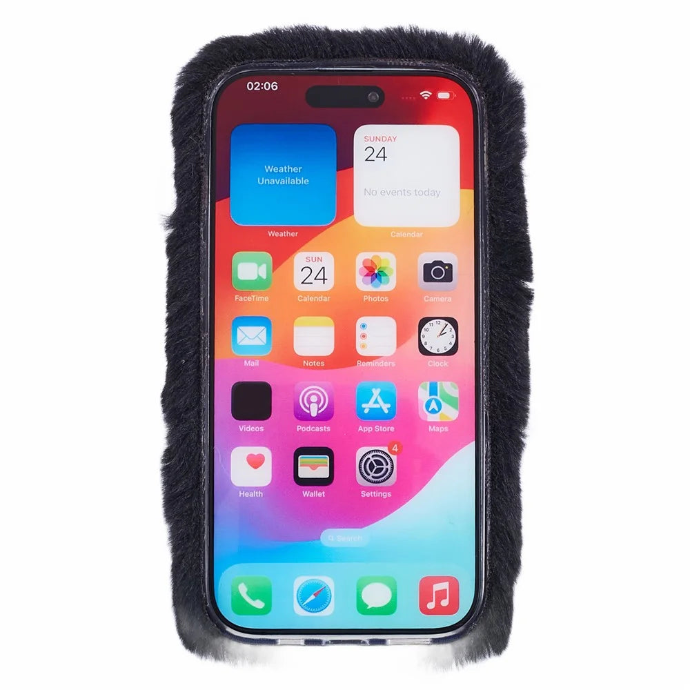 For iPhone 15 Plus Case Fluffy Plush + TPU Love Heart Design Phone Back Cover - Black - 2