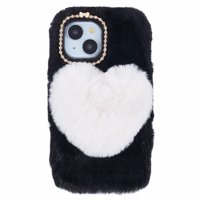 For iPhone 15 Case Love Heart Design Anti-scratch Fluffy Plush TPU Phone Back Cover - Black - 1