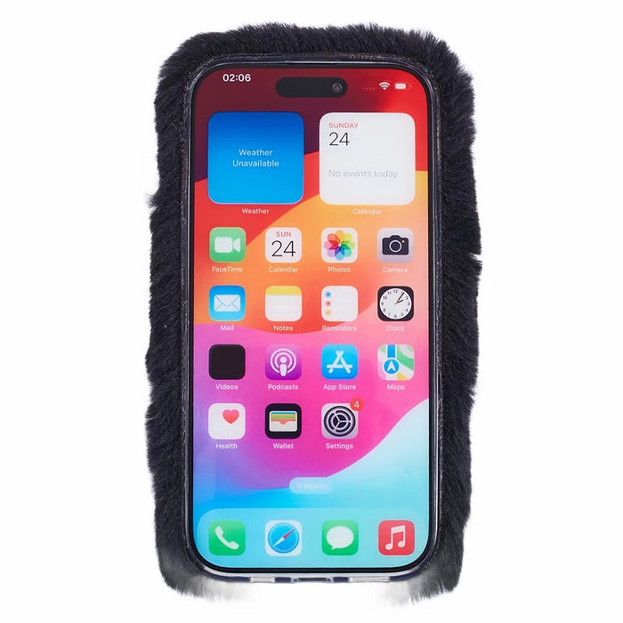 For iPhone 15 Case Love Heart Design Anti-scratch Fluffy Plush TPU Phone Back Cover - Black - 2