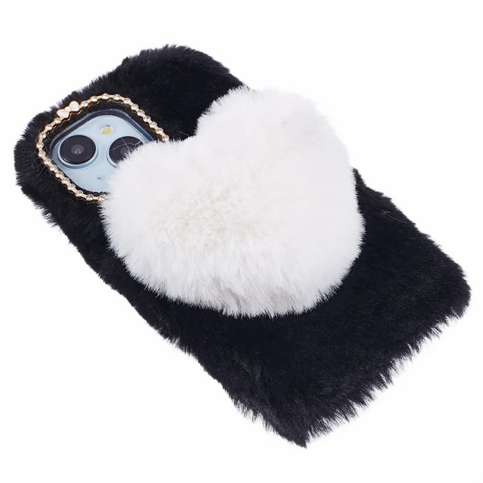 For iPhone 15 Case Love Heart Design Anti-scratch Fluffy Plush TPU Phone Back Cover - Black - 3