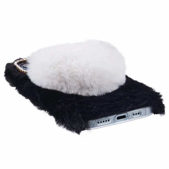 For iPhone 15 Case Love Heart Design Anti-scratch Fluffy Plush TPU Phone Back Cover - Black - 4