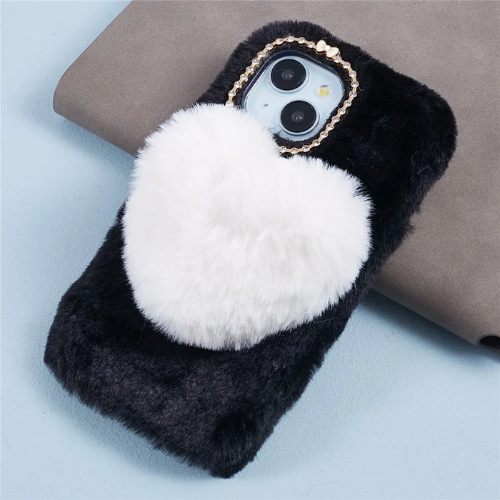 For iPhone 15 Case Love Heart Design Anti-scratch Fluffy Plush TPU Phone Back Cover - Black - 5