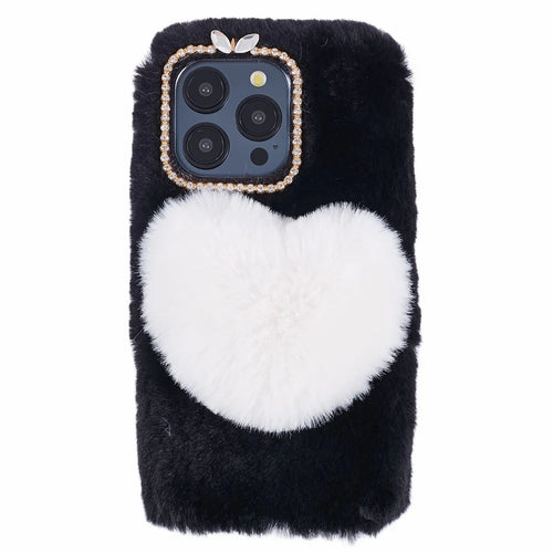 For iPhone 15 Pro Max Case Fluffy Plush + TPU Love Heart Anti-fall Phone Cover - Black - 1