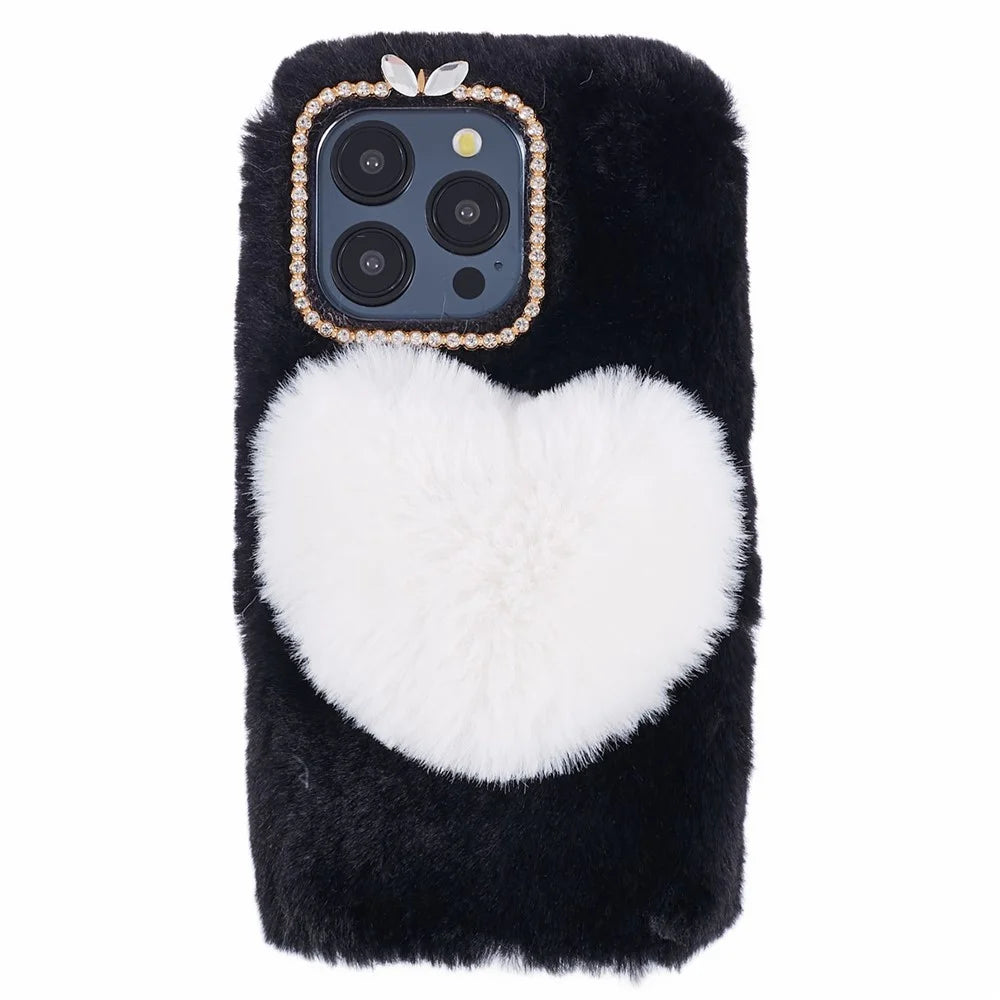 For iPhone 15 Pro Case Fluffy Plush + TPU Love Heart Shock-absorbing Phone Cover - Black - 1