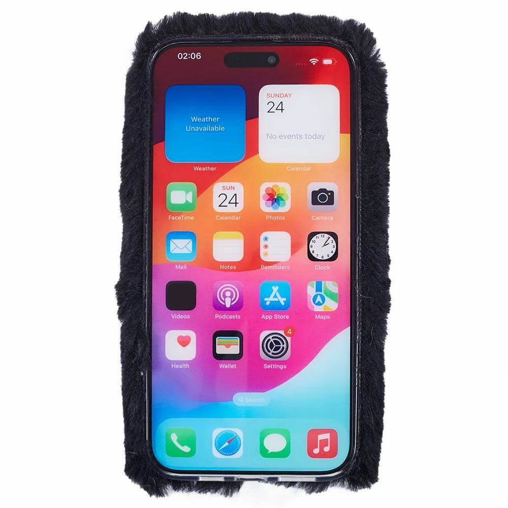 For iPhone 15 Pro Case Fluffy Plush + TPU Love Heart Shock-absorbing Phone Cover - Black - 2