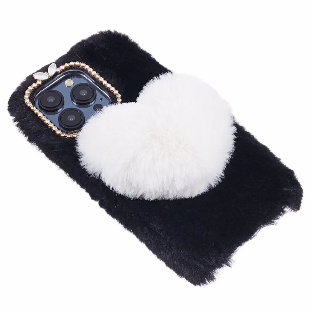 For iPhone 15 Pro Case Fluffy Plush + TPU Love Heart Shock-absorbing Phone Cover - Black - 3