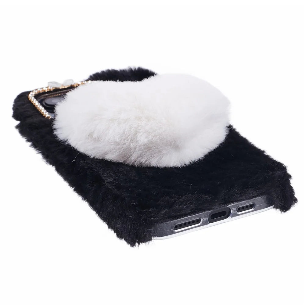 For iPhone 15 Pro Case Fluffy Plush + TPU Love Heart Shock-absorbing Phone Cover - Black - 4