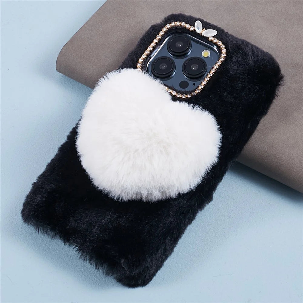 For iPhone 15 Pro Case Fluffy Plush + TPU Love Heart Shock-absorbing Phone Cover - Black - 5