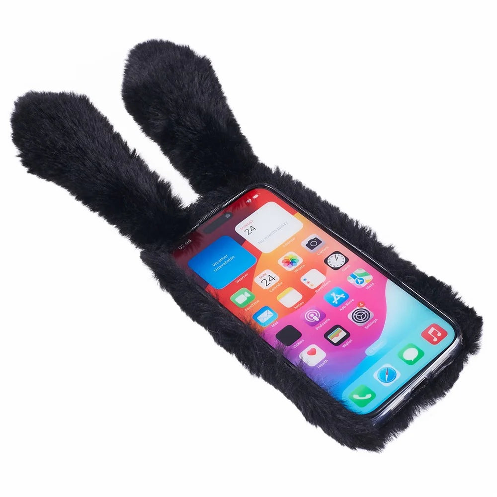 For iPhone 15 Pro Fluffy 3D Bunny Ears Cover Winter Warm Soft TPU Phone Case - Black - 4