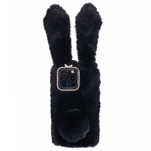 For iPhone 15 Pro Max Fluffy Furry 3D Bunny Ears Case Shockproof TPU Back Phone Cover - Black - 1