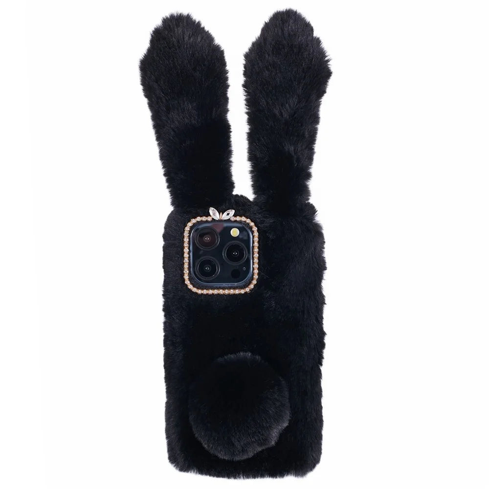 For iPhone 15 Pro Max Fluffy Furry 3D Bunny Ears Case Shockproof TPU Back Phone Cover - Black - 1