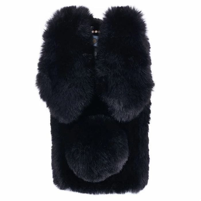 For iPhone 15 Pro Max Fluffy Furry 3D Bunny Ears Case Shockproof TPU Back Phone Cover - Black - 2