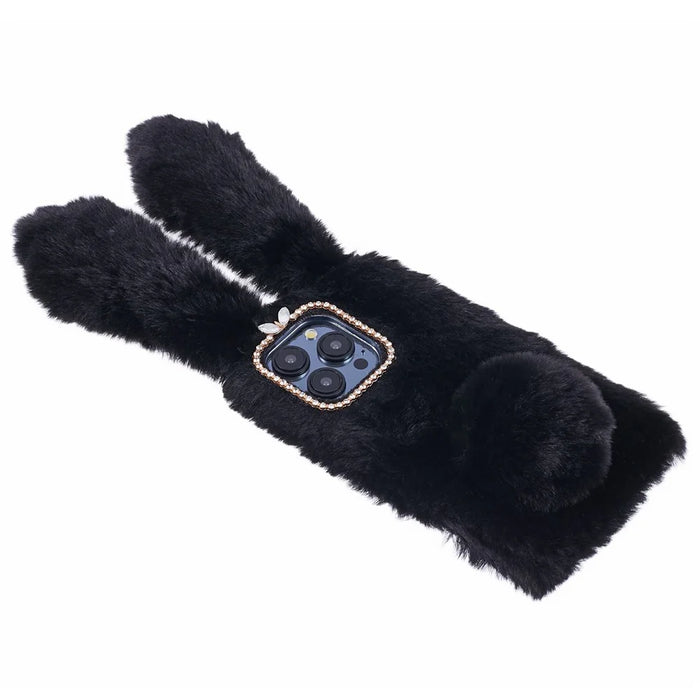 For iPhone 15 Pro Max Fluffy Furry 3D Bunny Ears Case Shockproof TPU Back Phone Cover - Black - 3