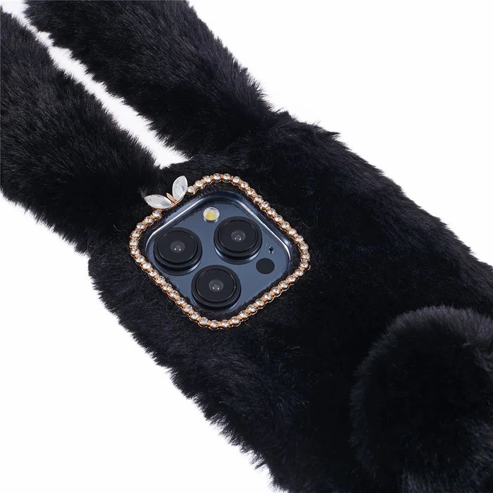 For iPhone 15 Pro Max Fluffy Furry 3D Bunny Ears Case Shockproof TPU Back Phone Cover - Black - 6