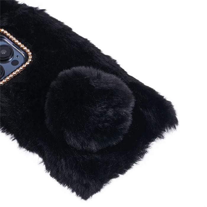For iPhone 15 Pro Max Fluffy Furry 3D Bunny Ears Case Shockproof TPU Back Phone Cover - Black - 7