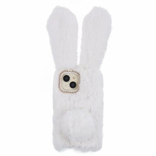 For iPhone 15 Fluffy Bunny Ear Case Flexible TPU Protective Phone Cover - White - 1