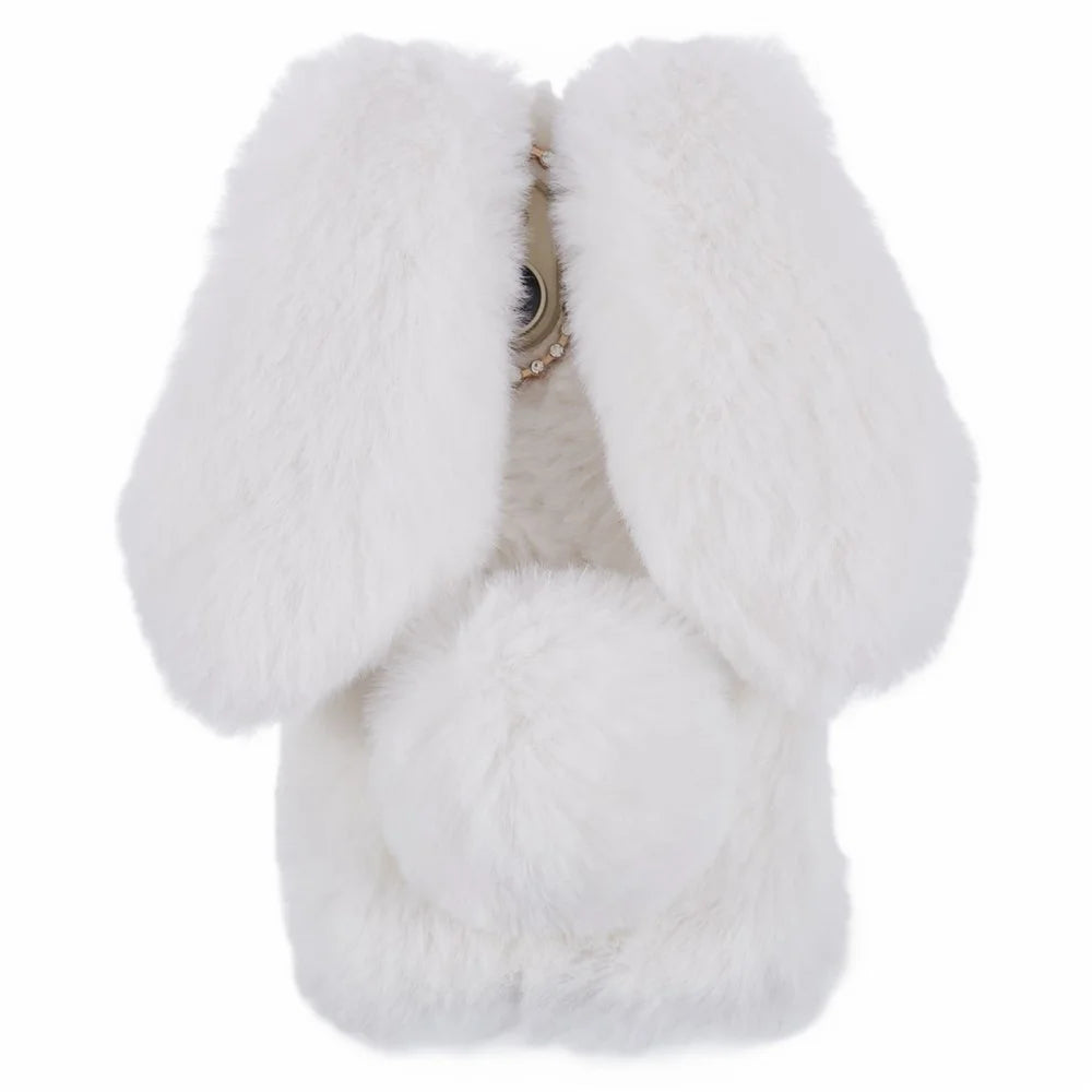 For iPhone 15 Fluffy Bunny Ear Case Flexible TPU Protective Phone Cover - White - 2