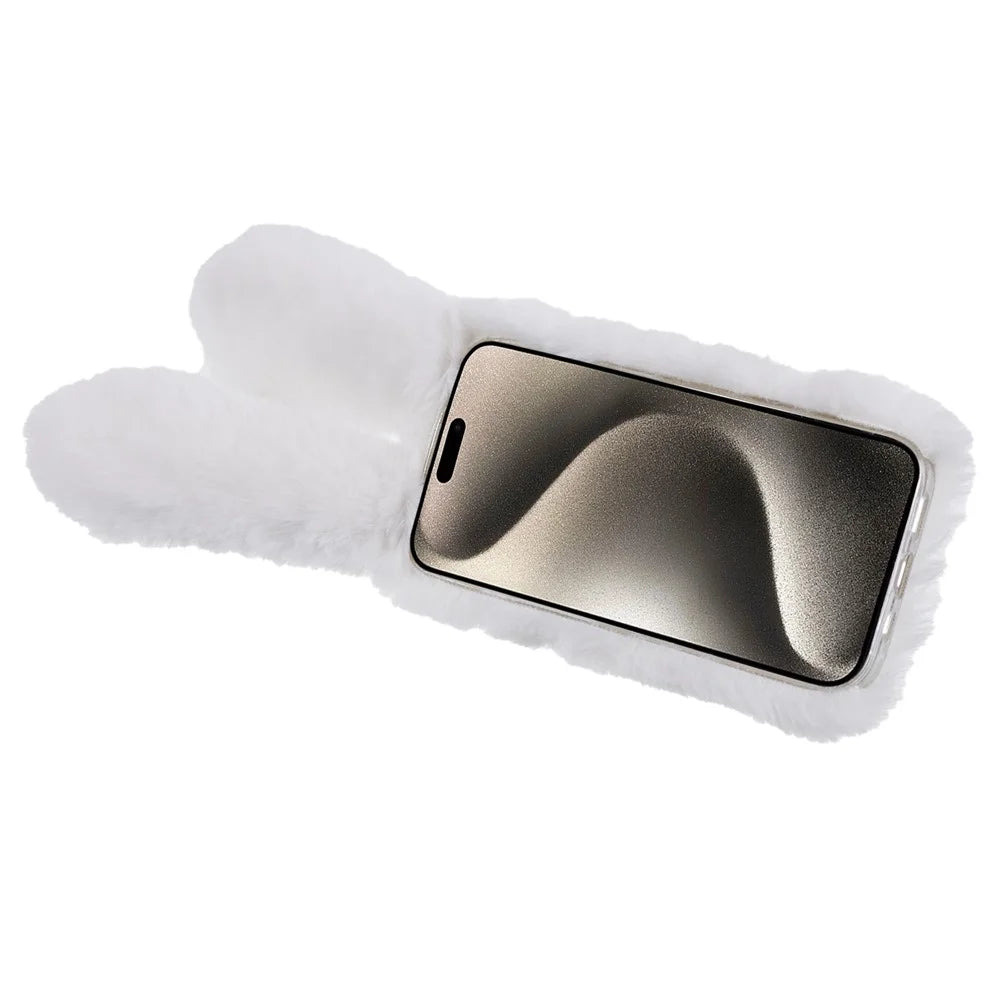 For iPhone 15 Fluffy Bunny Ear Case Flexible TPU Protective Phone Cover - White - 3