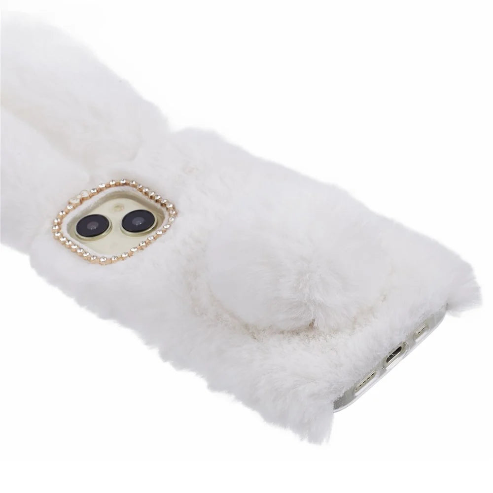 For iPhone 15 Fluffy Bunny Ear Case Flexible TPU Protective Phone Cover - White - 4
