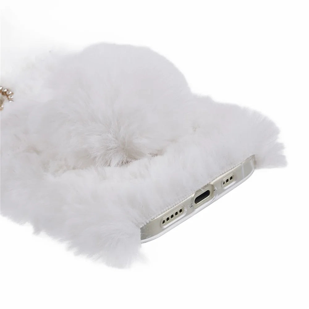 For iPhone 15 Fluffy Bunny Ear Case Flexible TPU Protective Phone Cover - White - 5