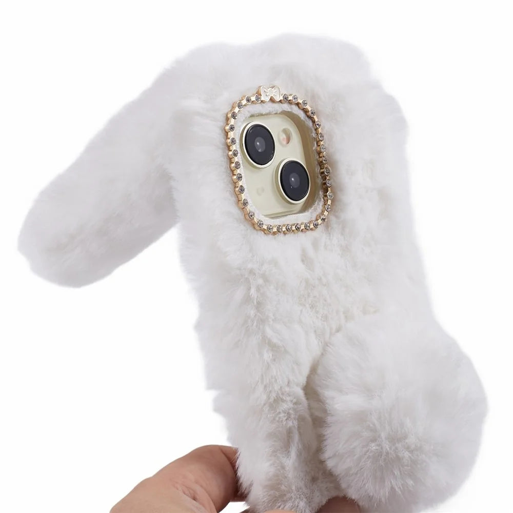 For iPhone 15 Fluffy Bunny Ear Case Flexible TPU Protective Phone Cover - White - 6