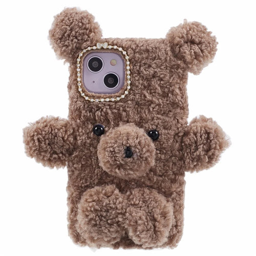 For iPhone 15 Plus Furry Plush Case Fur Hair Cute 3D Bear Style TPU Phone Cover - Brown - 1