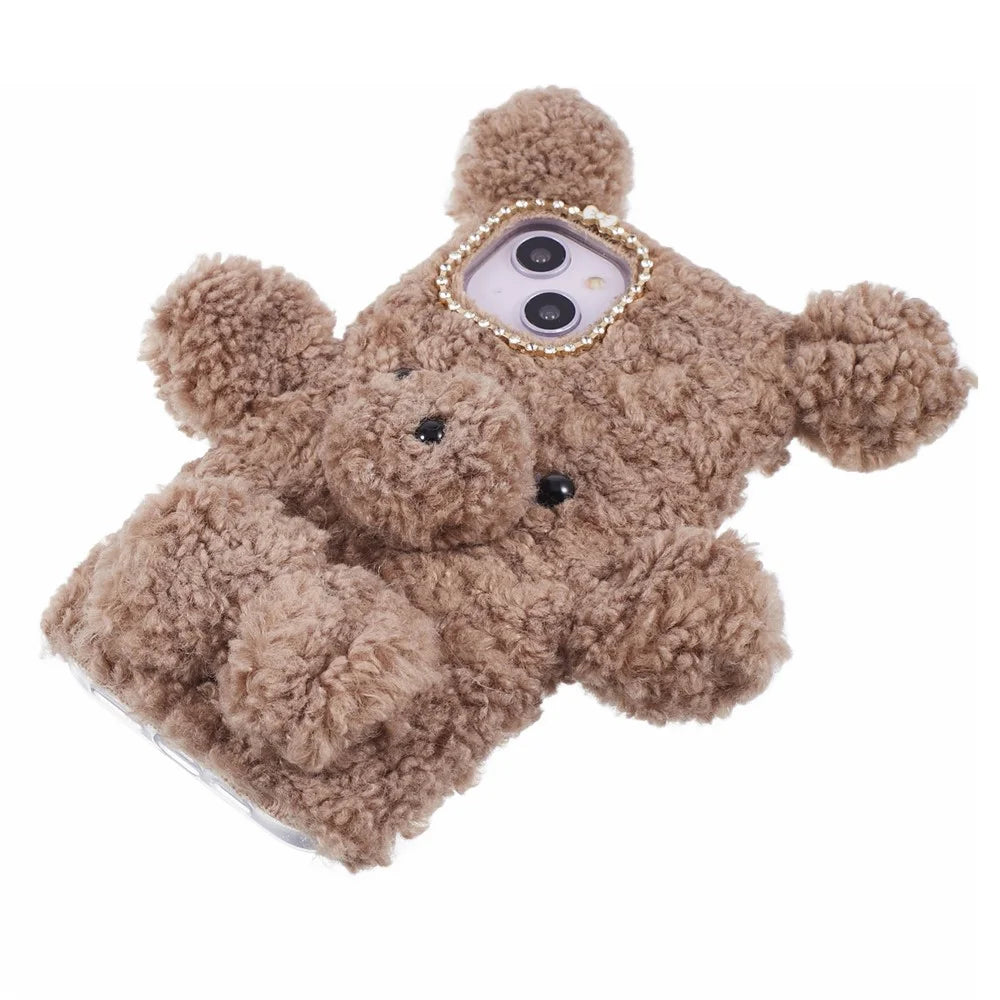 For iPhone 15 Plus Furry Plush Case Fur Hair Cute 3D Bear Style TPU Phone Cover - Brown - 6