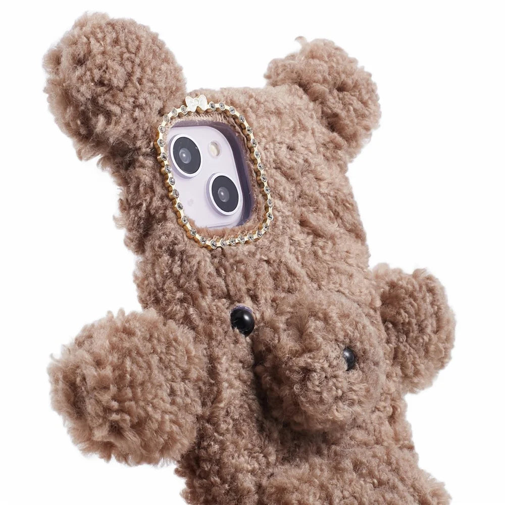 For iPhone 15 Plus Furry Plush Case Fur Hair Cute 3D Bear Style TPU Phone Cover - Brown - 7