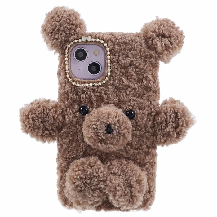 For iPhone 15 3D Bear Furry Plush Case Protective TPU Phone Cover - Brown - 1