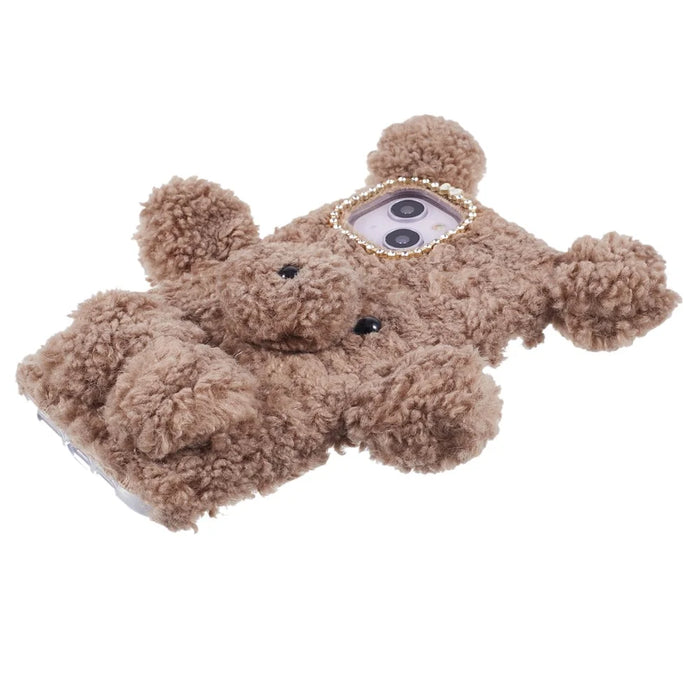 For iPhone 15 3D Bear Furry Plush Case Protective TPU Phone Cover - Brown - 3